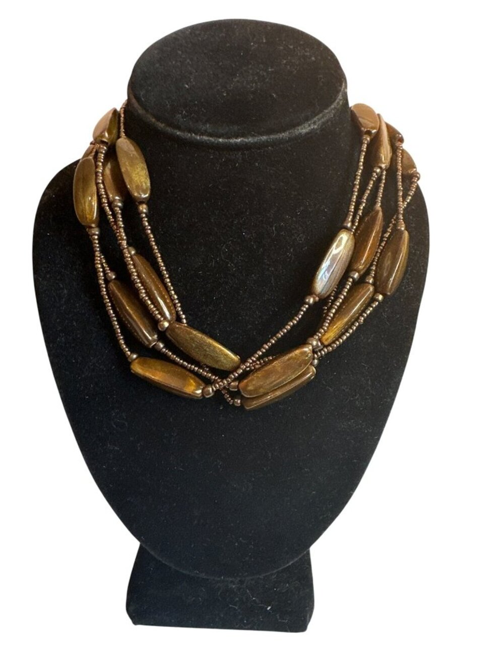 Brown Multi-Strand Beaded Necklace Oval Accents Adjustable Clasp Boho Career
